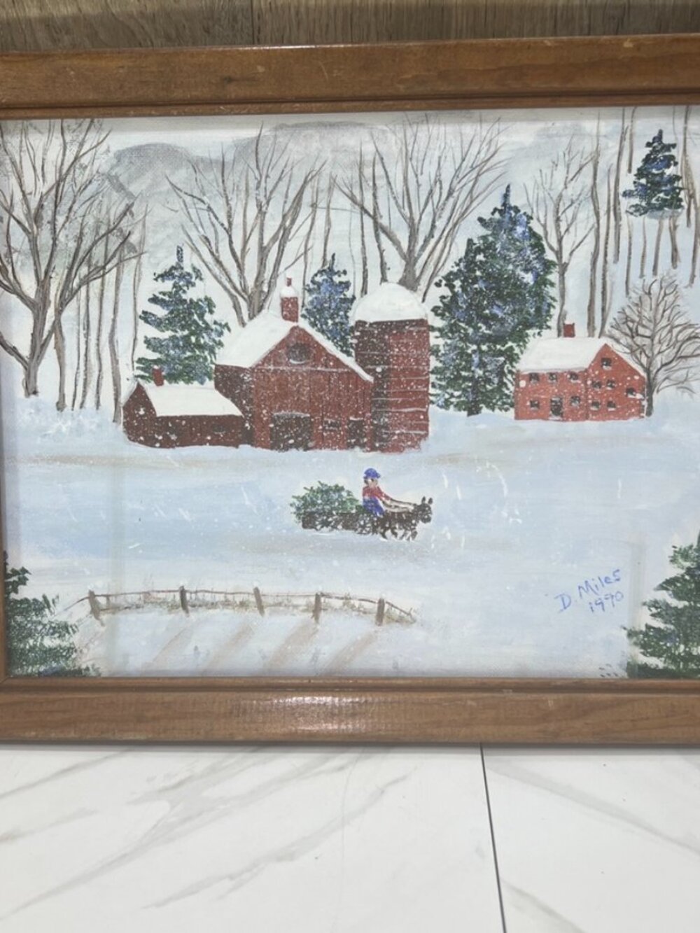 Vtg American Folk Art Winter Snow Barn Farm Scene Signed D. Miles 1990 11x14.5”